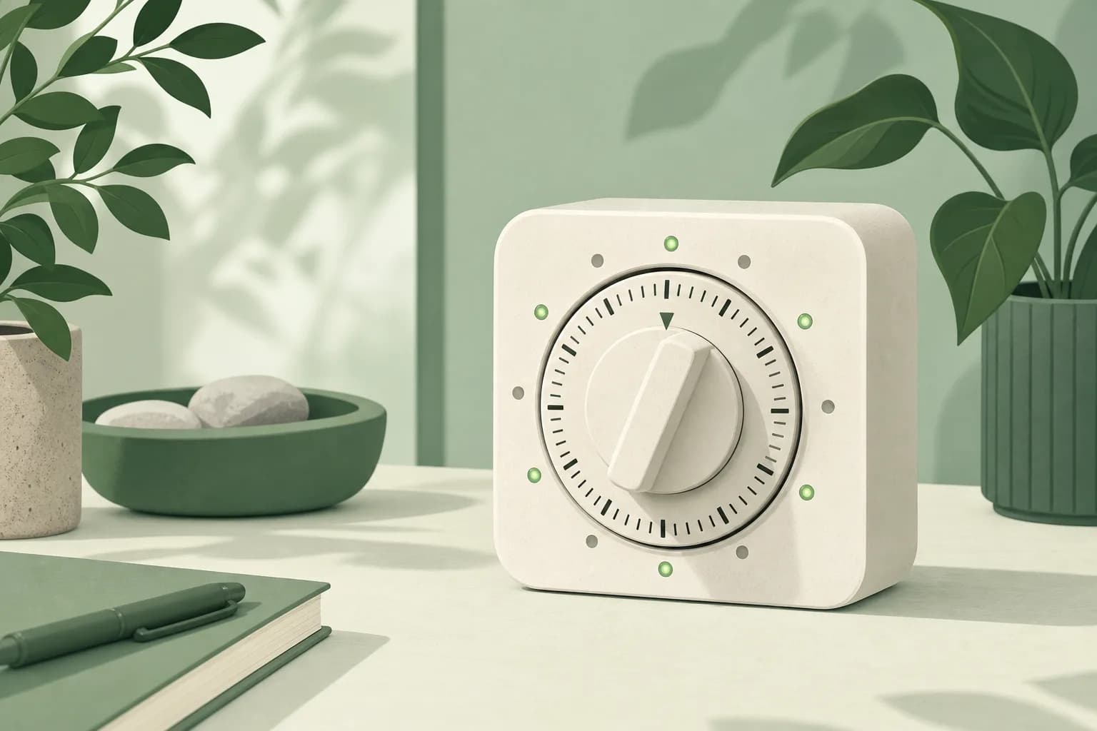 Soft illustration of a calm mechanical timer switch with soft green indicator lights