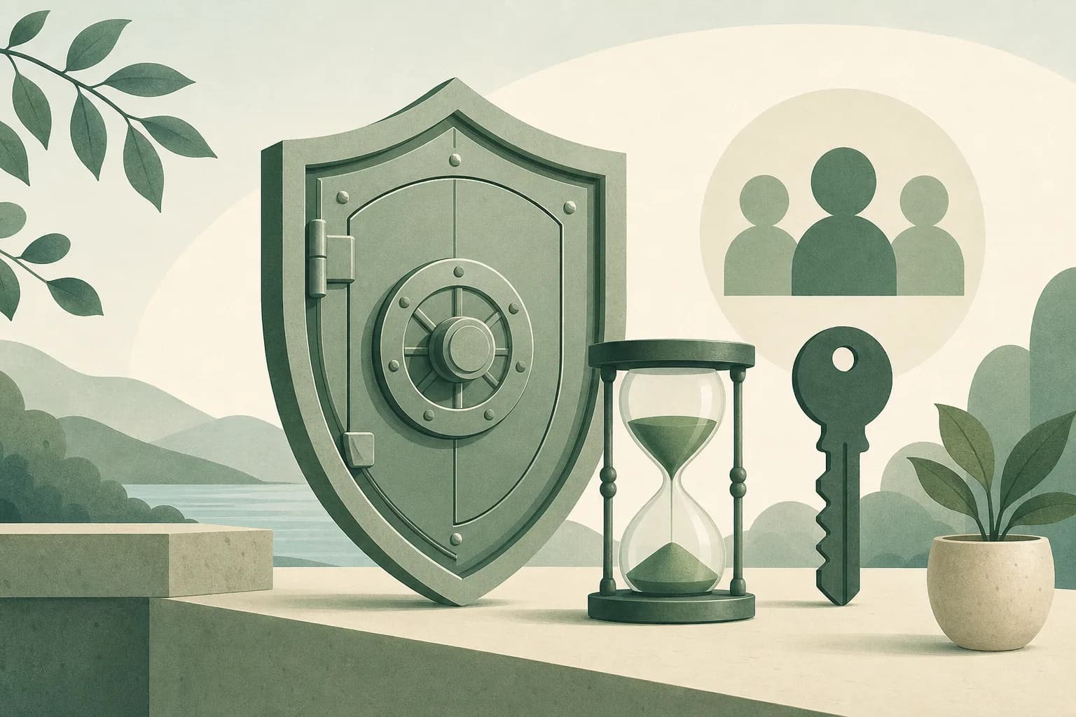 Soft illustration of a shield vault with a waiting hourglass and a shared key silhouette