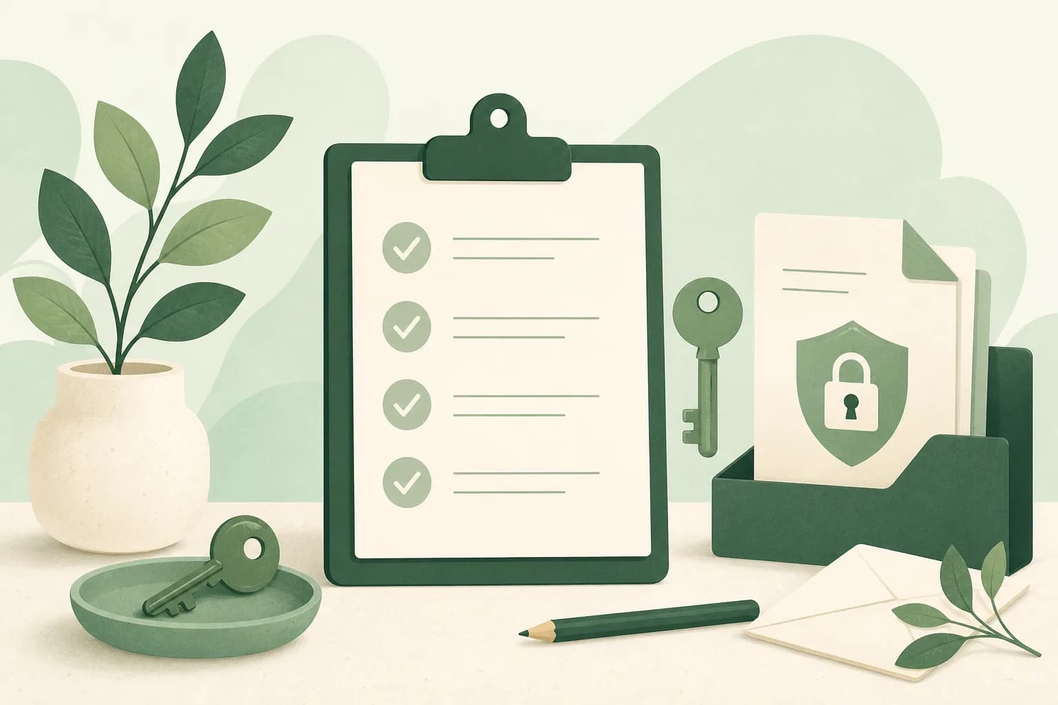 Soft illustration of a neat checklist clipboard with small key and document icons