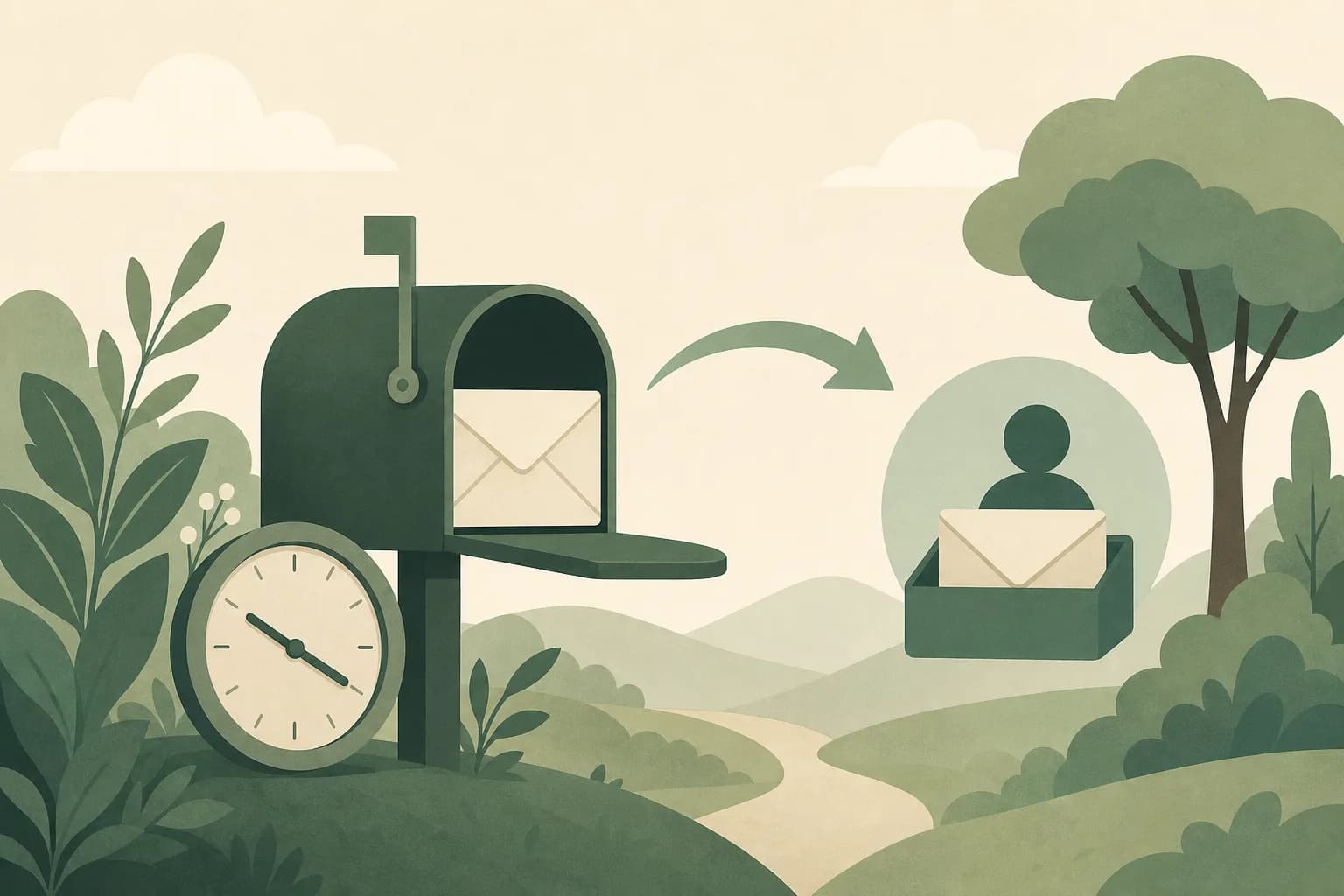 Soft illustration of an account mailbox with a dormant clock and transfer arrow