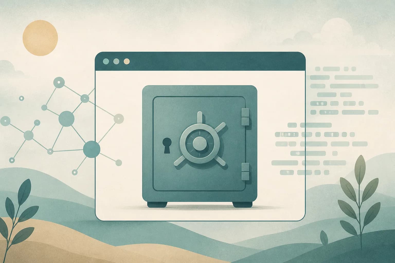 Soft illustration of a browser window wrapping a locked vault with faint open network nodes and ciphertext blocks