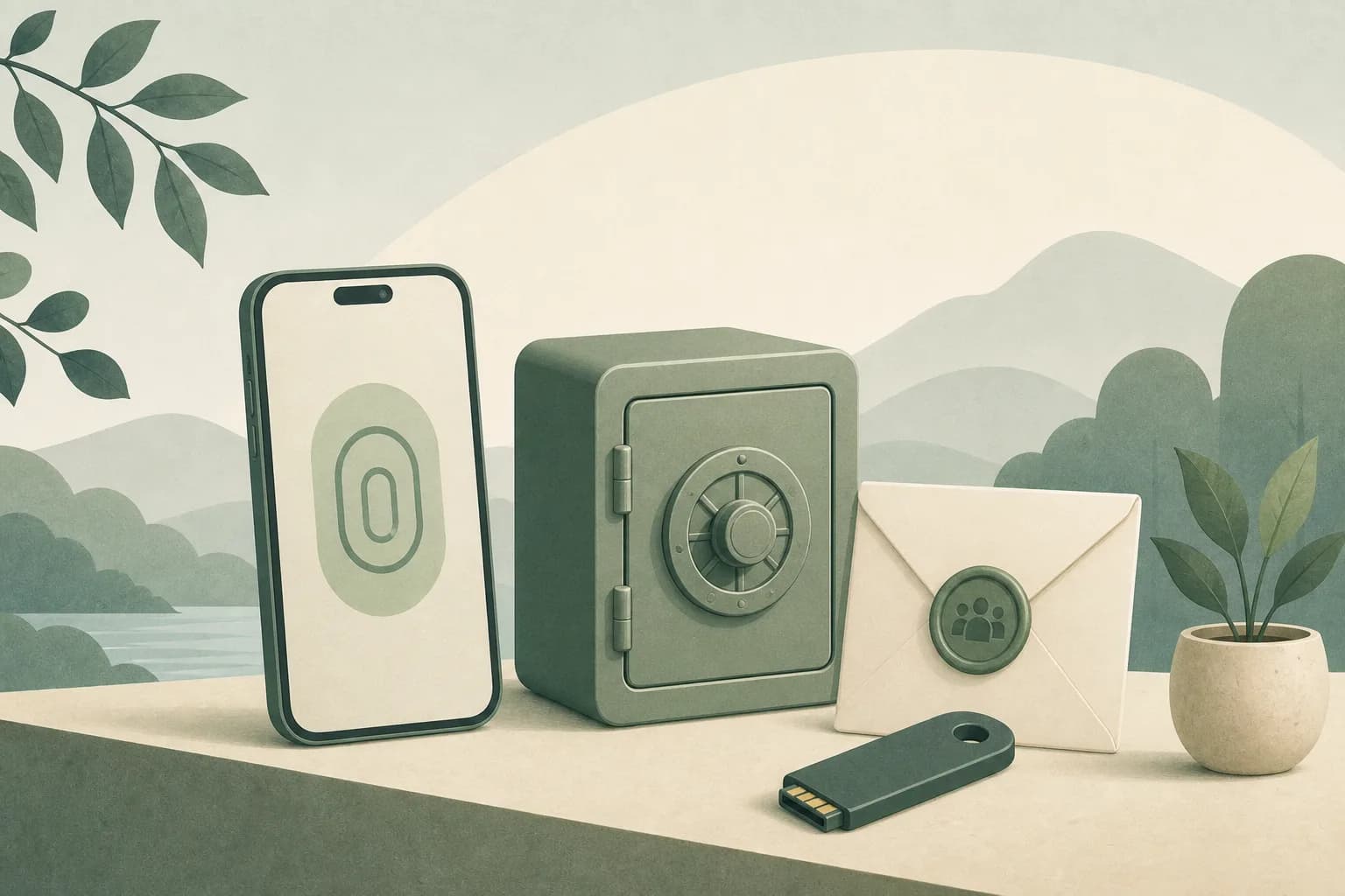 Soft illustration of a phone with a biometric mark beside a small vault, sealed envelope, and security key