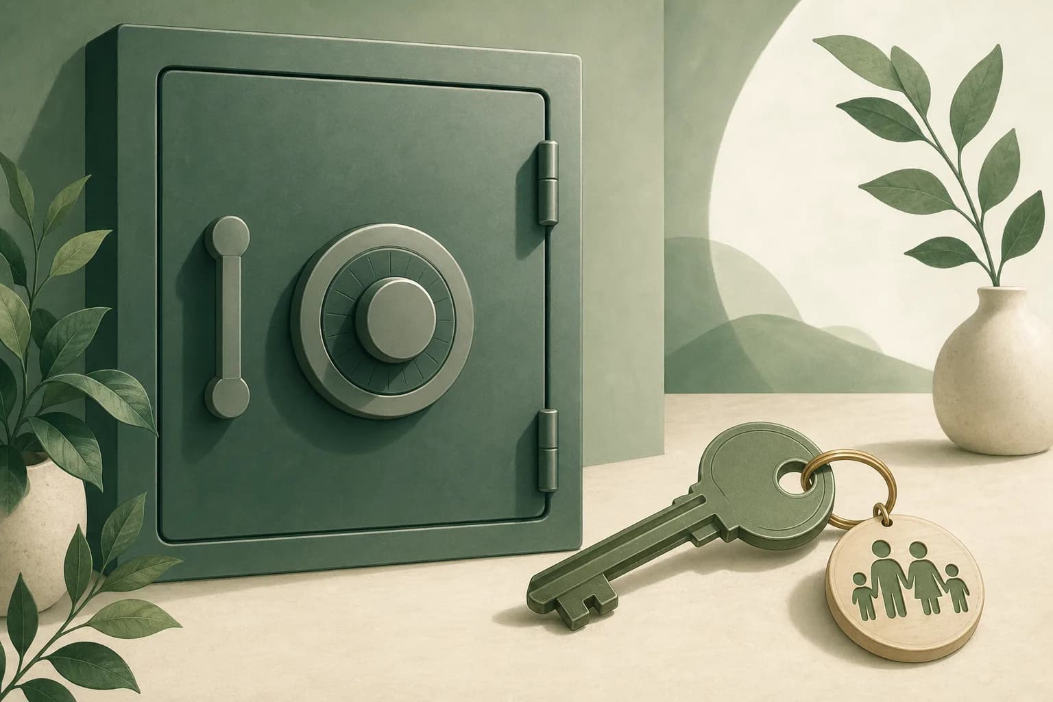 Soft illustration of a password vault door with a family handoff key resting beside it