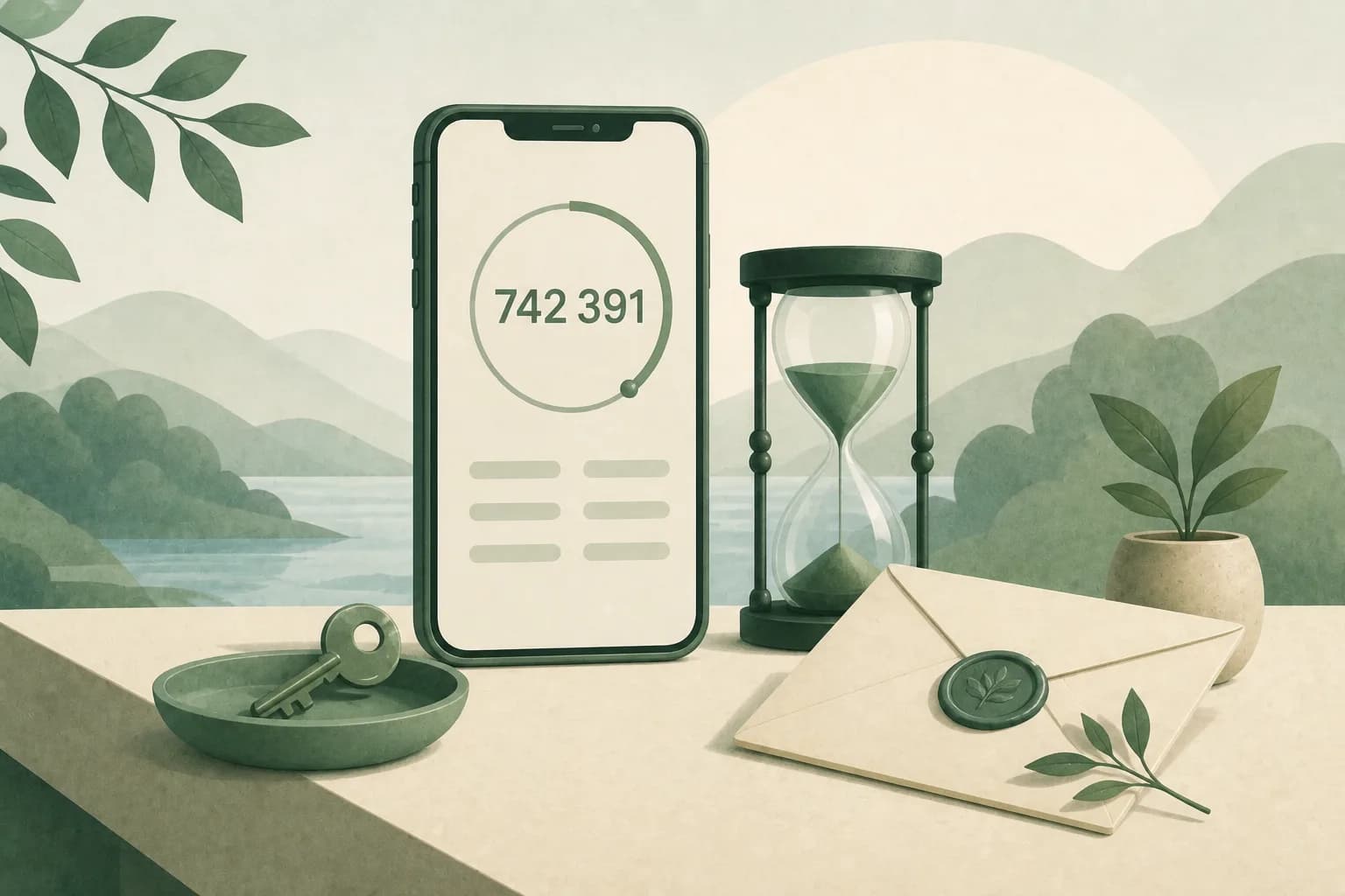 Soft illustration of a phone showing authenticator codes beside an hourglass, sealed envelope, and key