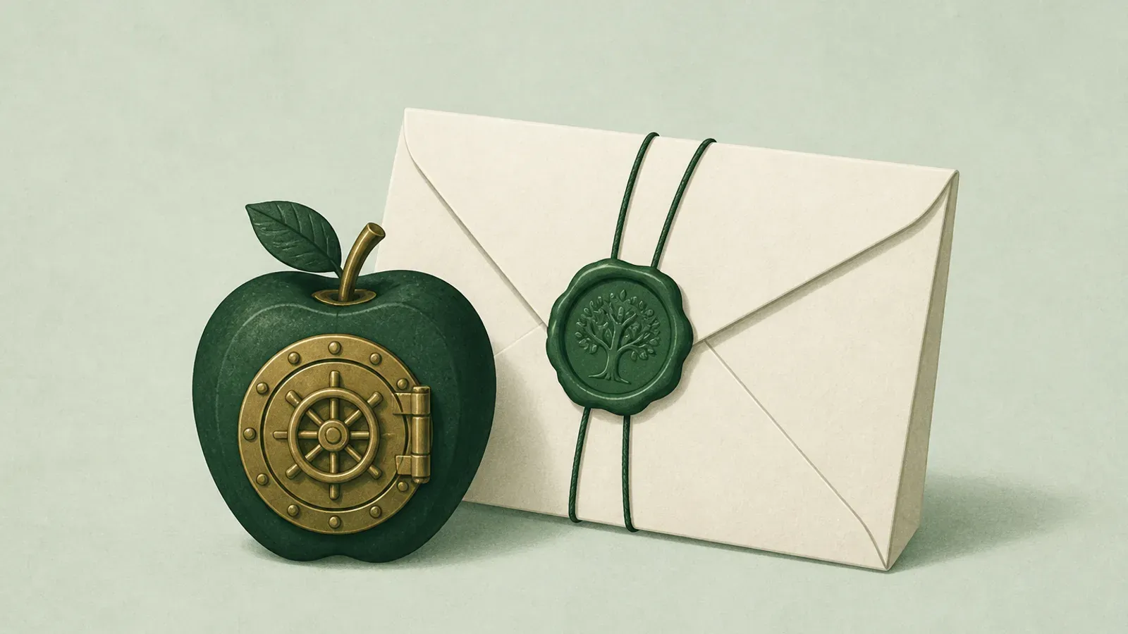 Ilustración suave de un sello de bóveda con forma de manzana junto a un sobre familiar sellado sobre una superficie verde menta