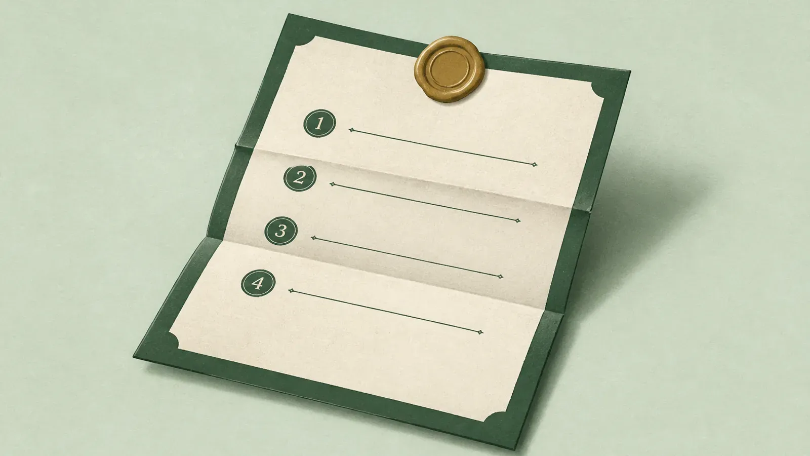 Ilustración suave de una carta abierta con pasos numerados claros y un sello de cera