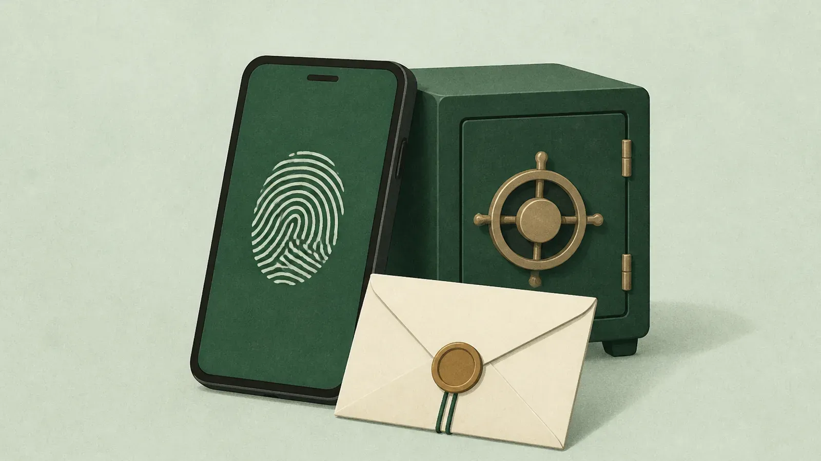 Ilustración suave de un teléfono con marca biométrica junto a una bóveda pequeña, un sobre sellado y una llave de seguridad