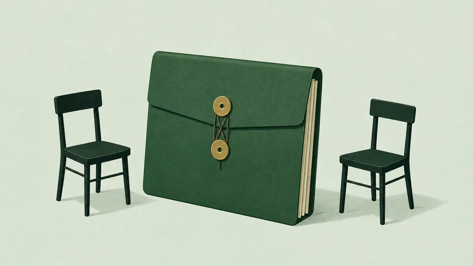Ilustración suave de una carpeta de plan sellada entre dos sillas vacías