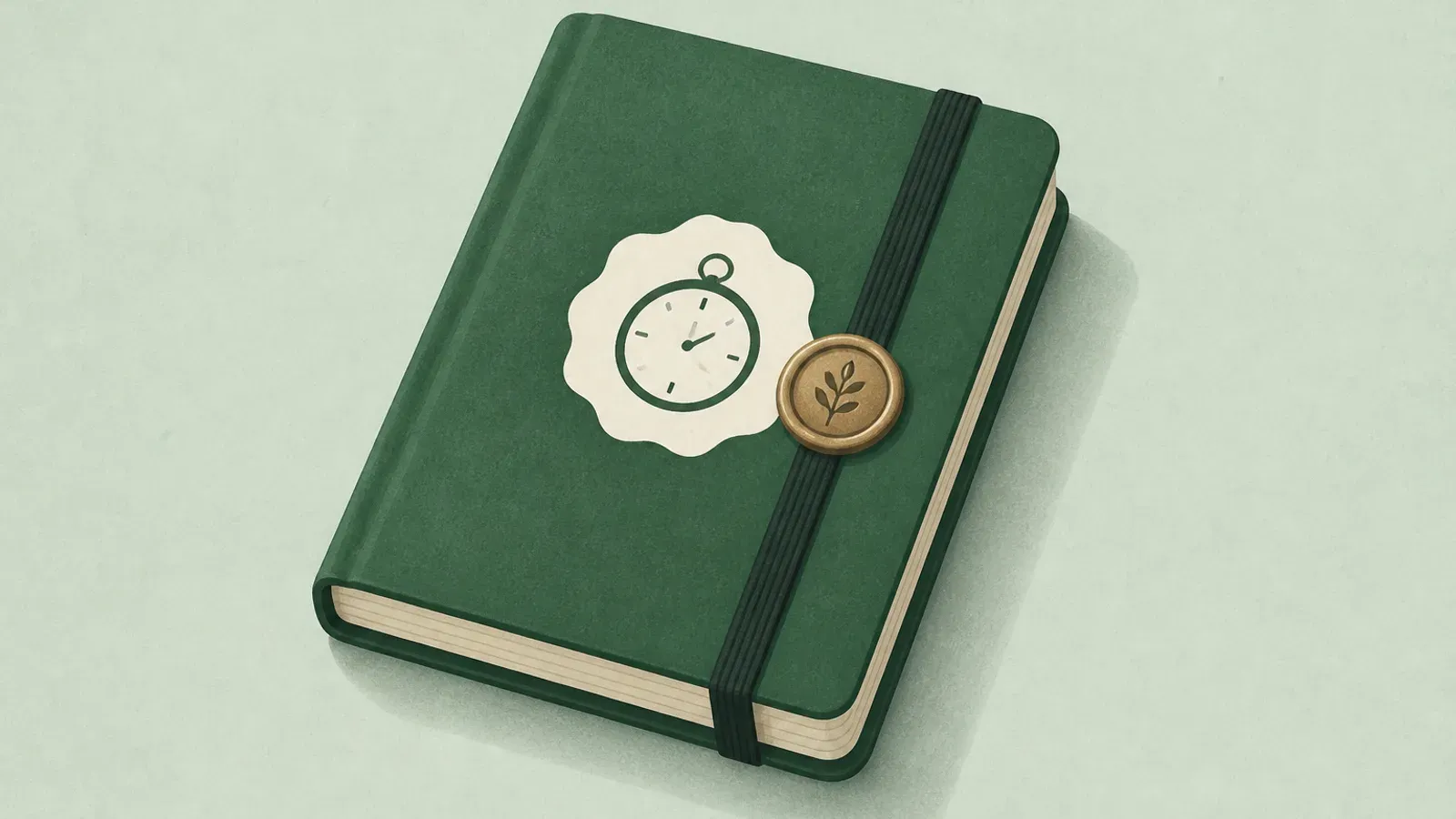 Ilustración suave de un cuaderno sellado con un temporizador de calendario y la forma silenciosa de una credencial de prensa