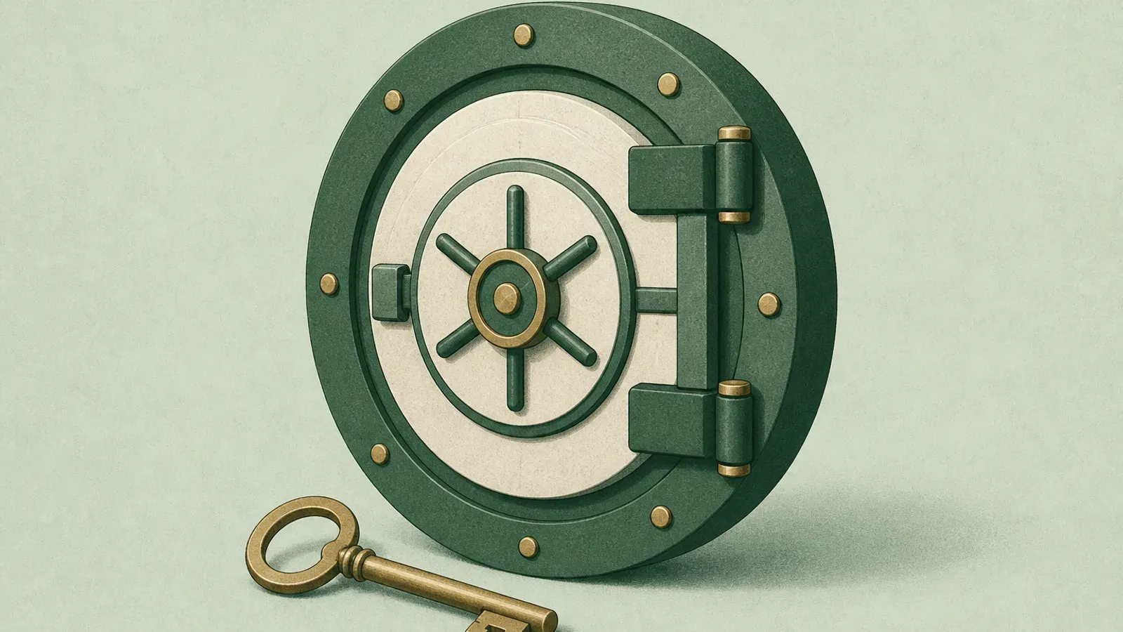 Ilustración suave de una puerta de bóveda de contraseñas con una llave de entrega familiar apoyada junto a ella
