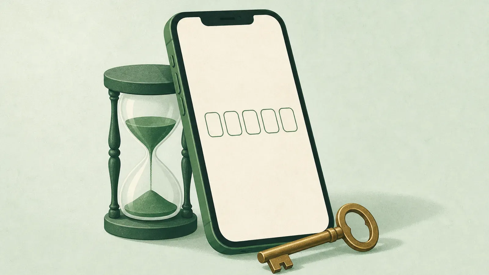 Ilustración suave de un teléfono con campos de código de autenticador vacíos junto a un reloj de arena y una llave